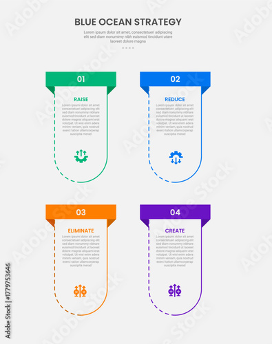 Blue ocean strategy infographic outline style with 4 point template with vertical round box container with rectangle header top for slide presentation