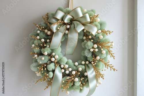 Elegant Pistachio Wreath. Luxury Holiday Decor. Minimalist Christmas Design. Chic Festive Decoration.