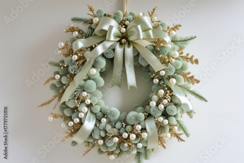Modern Pistachio Christmas Wreath. Soft Holiday Decoration. Luxury Pastel Festive Style. Minimal Design Decor.