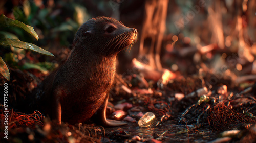 Young seal surrounded by plastic waste on polluted shore, symbolizing the environmental crisis and the urgent need to protect wildlife from human pollution.