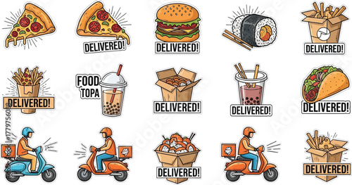 Food Delivery Icons with Popular Dishes