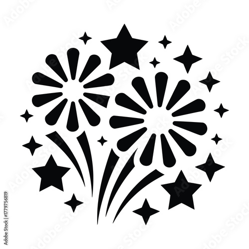 Black silhouette of festive fireworks and stars