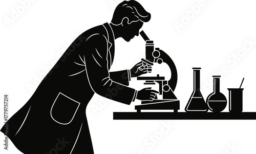 Scientist silhouette vector looking at microscope