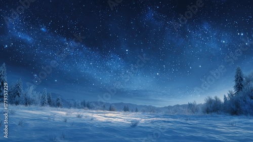 enchanting winter night scene with snowcovered ground under a starry blue sky
