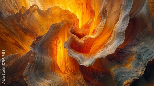 Abstract background of a fiery orange geological formation. Flowing layers of rock and mineral texture with a glowing light. Modern art wallpaper concept