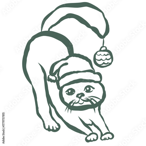 Cute Christmas Cat. Line Art Illustration.