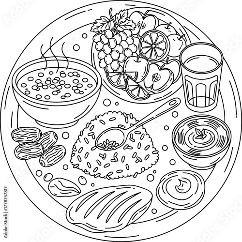 A delicious and wholesome meal featuring rice soup meat and fruit