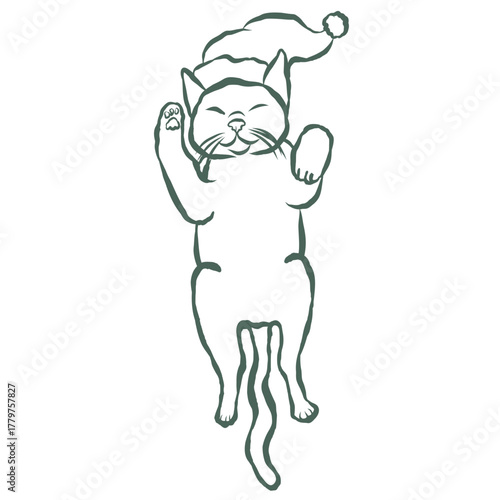 Cute Christmas Cat. Line Art Illustration.