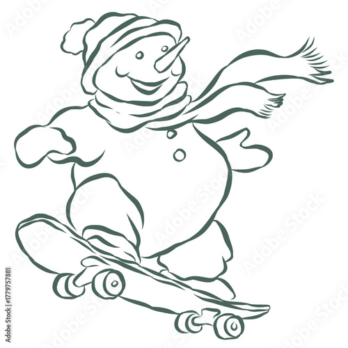 Snowman with a Scate. Line Art Illustration.
