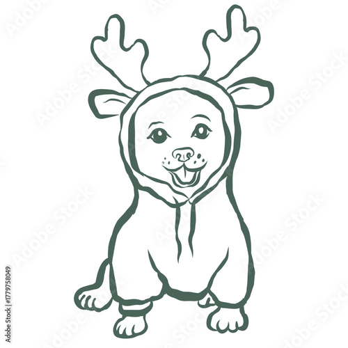 Cute Christmas Dog. Line Art Illustration.