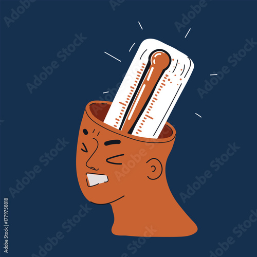 Cartoon vector illustration of a person with a thermometer in the head, symbolizing stress, fever, and mental burnout