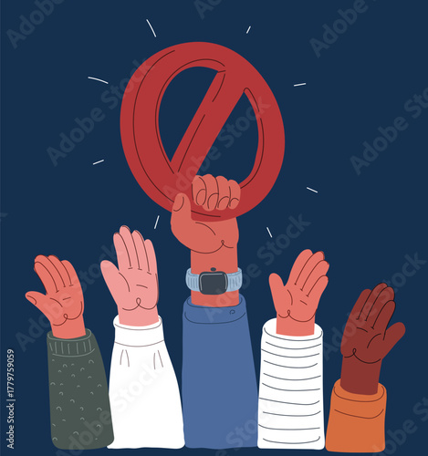 Cartoon vector illustration of a hand holding a prohibition sign amid raised hands, symbolizing boundaries and enforcing rules within a group