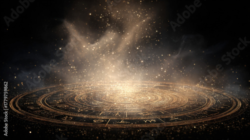 Mystical Glowing Zodiac Wheel: Astrology Chart Engraved on a Dark Stage Floor, Illuminated by Light Burst and Dust Particles, Representing Destiny, Fortune Telling, Spiritual Guidance, Cosmic Energy