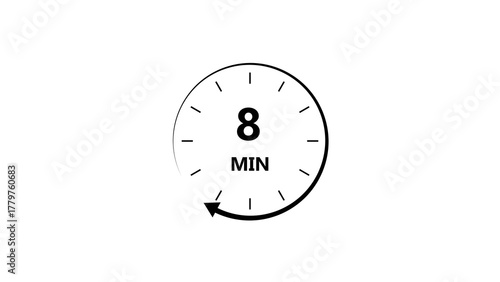 Clock icon 8 minute black color 4k illustration. Stopwatch in flat style 8 minute on white background.