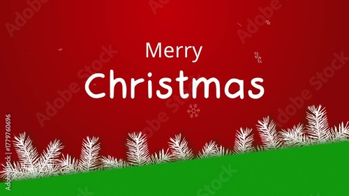 Animated festive video White pine branches on bright red Christmas background Snowflakes falling creating warm holiday mood. Includes text “Merry Christmas” and copy space for custom text Video intros