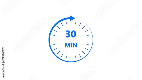 Clock icon 30 minute royal blue color 4k illustration. Stopwatch in flat style 30 minute on white background. 