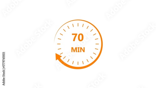 Clock icon 70 minute orange color 4k illustration. Stopwatch in flat style 70 minute on white background.