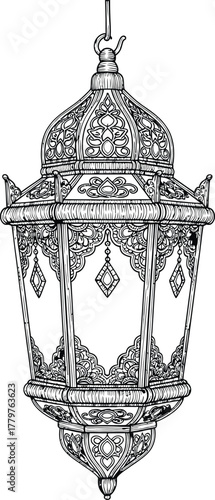 Intricate victorian era hanging lantern with detailed metalwork and glass panels