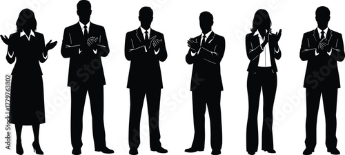 Business people clapping, corporate applause, silhouette team celebration, professional recognition, success concept, formal attire, teamwork, unity, support, motivation