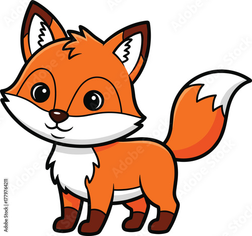 Cartoon fox standing, orange fur character, cute animal illustration, white chest, bushy tail, vector art, children’s wildlife design