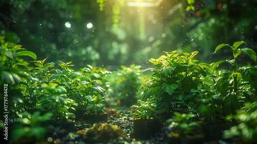 Lush green plants bathed in warm sunlight, creating a serene and vibrant natural environment perfect for growth and wellness