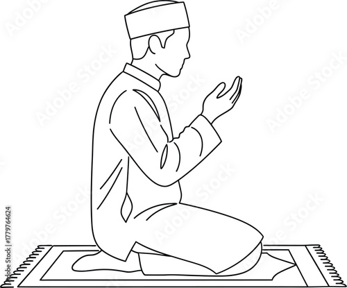 Man in traditional islamic attire praying on a prayer mat in a line drawing