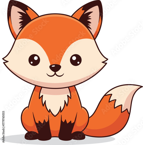 Cute cartoon fox, orange fur, cream accents, sitting pose, smiling animal character, kids illustration, nursery art, vector drawing, adorable