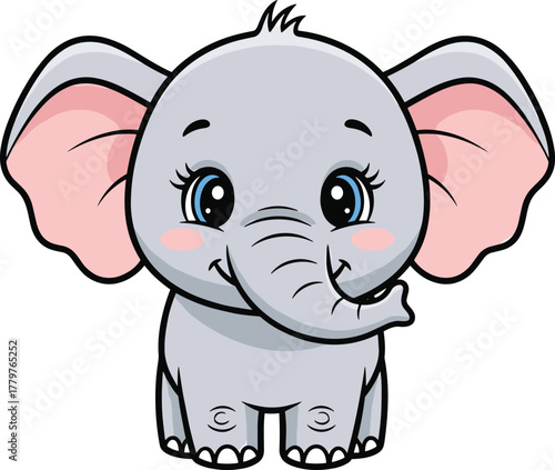Smiling baby elephant cartoon, blue eyes, pink cheeks, cute animal character, kids illustration, nursery art, vector drawing, adorable pose