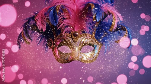 Elegante máscara de carnaval femenina sobre fondo abstracto con bokeh rosa y azul

