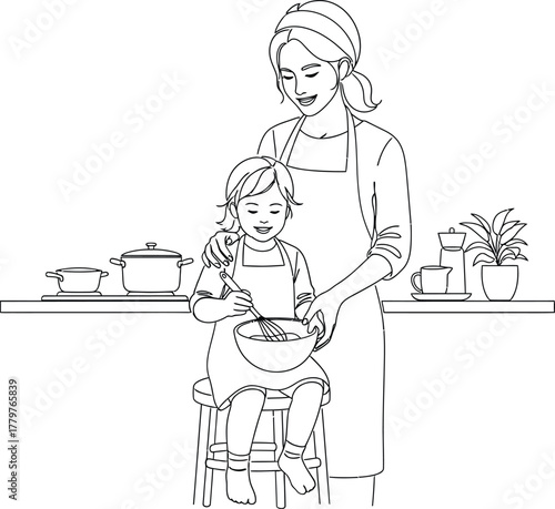 Mother and child happily preparing food together in a kitchen setting