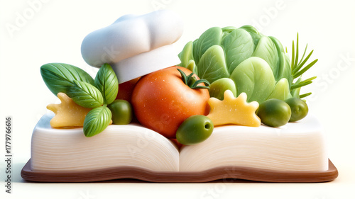 A small chef hat, fresh tomato, green olives, and pasta shapes are arranged on a cookbook. Concept for an italian food recipe on a white background.