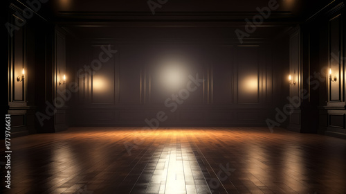 An empty, dark, classic room with wood paneling, a parquet floor, and warm light from wall sconces.