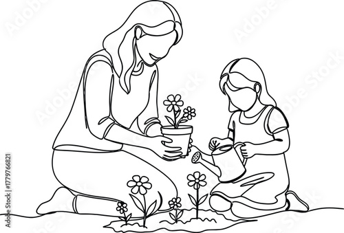 Mother and daughter happily planting flowers together in a garden scene illustration
