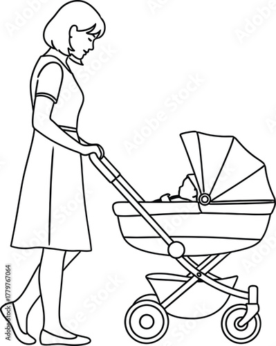 Mother pushing a vintage baby stroller with a sleeping infant inside