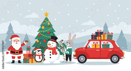 A festive holiday scene with Santa Claus and animal friends decorating a snowman in a snowy winter landscape with a car full of gifts
