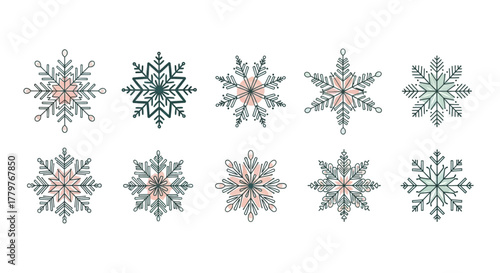 A beautifully designed collection of ten intricate snowflake illustrations in teal and coral. An elegant set of geometric winter symbols for holiday decorations