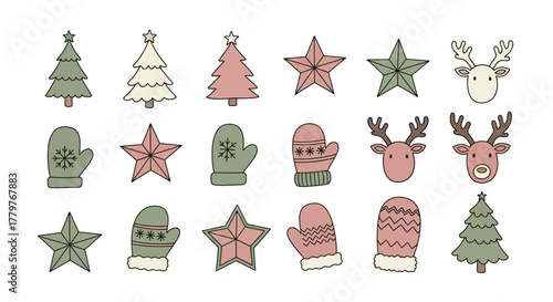 A charming collection of hand-drawn Christmas doodle icons. This festive set includes holiday trees, stars, reindeer, and cozy winter mittens