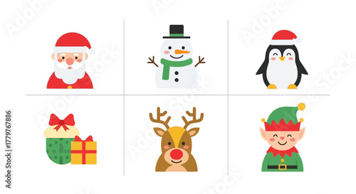 Set of cute Christmas holiday icons featuring popular characters like Santa, an elf, a reindeer, and a snowman in a simple flat vector style
