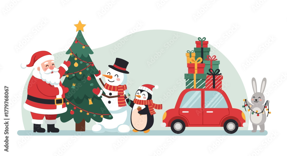 Naklejka premium Collection of Christmas and winter holiday outline icons. A set of festive linear symbols for graphic design, including Santa, reindeer, and snowflakes