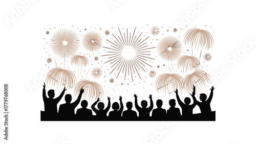 Crowd of silhouetted people cheering and raising hands at a vibrant fireworks display celebration