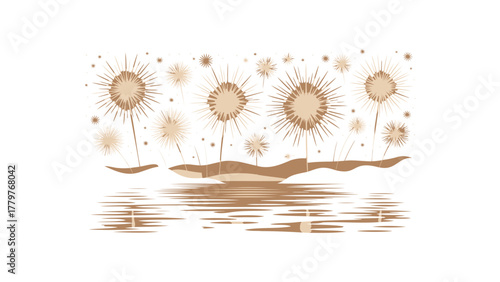 Abstract illustration of microscopic organisms with radiating spines floating above a rippling water surface
