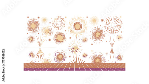 Collection of diverse golden and orange fireworks exploding in the night sky above a textured ground