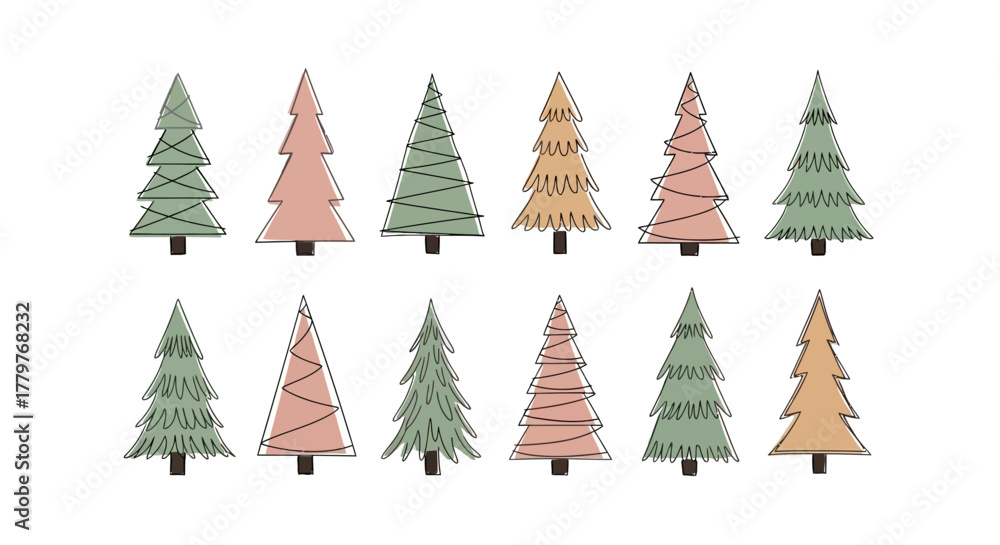 Obraz premium A charming collection of hand-drawn minimalist Christmas tree illustrations. Set of simple winter holiday pine doodles for festive design