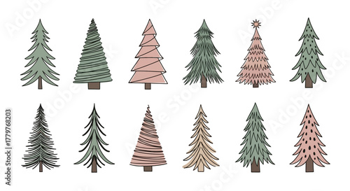 Collection of hand-drawn minimalist Christmas tree illustrations. A set of stylized winter holiday pine and fir doodles perfect for graphic design elements