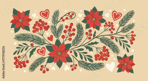 Festive Christmas botanical illustration with red poinsettia flowers, evergreen branches, berries, and hearts in a decorative folk art style
