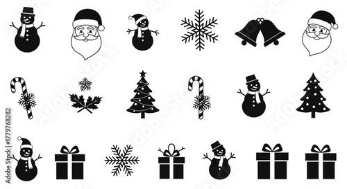 A diverse collection of black silhouette Christmas holiday icons featuring Santa Claus, snowman, snowflake, and gift box symbols for festive design projects