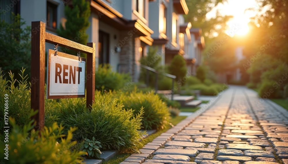 Naklejka premium Stone paved walkway leads towards modern suburban residences with a rent sign in the front. Sunlight shines, enhancing residential housing, home exterior. Real estate property available for rent.