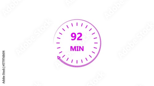 Clock icon 92 minute magenta color animation. Stopwatch in flat style 92 minute on white background.