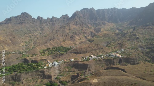 CAPE VERDE - 9.4.2025 - Excellent aerial footage approaching a village nestled in the mountains of Cape Verde's Santo Antao Island.