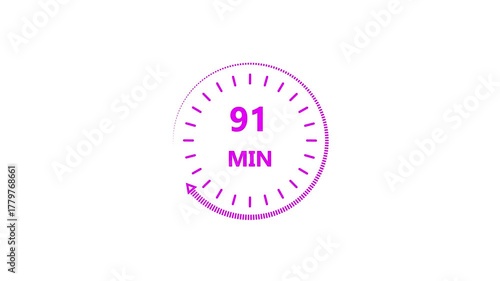 Clock icon 91 minute magenta color animation. Stopwatch in flat style 91 minute on white background.